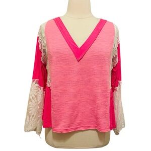 POL Pink & White V-Neck Top with Lace Bell Sleeves L